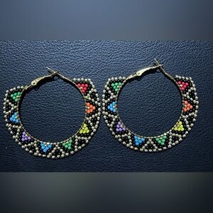 Black and rainbow seed bead hoop earrings